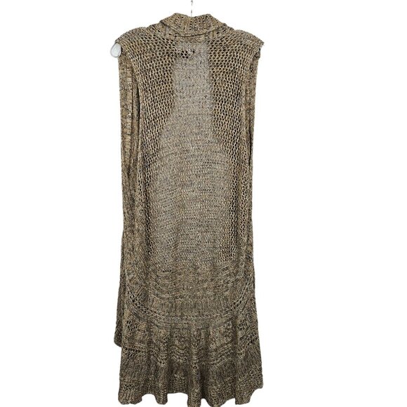 Womens Open Front Knit Cardigan 2X Browns Gold Metallic Threading Sleeveless - Picture 2 of 16